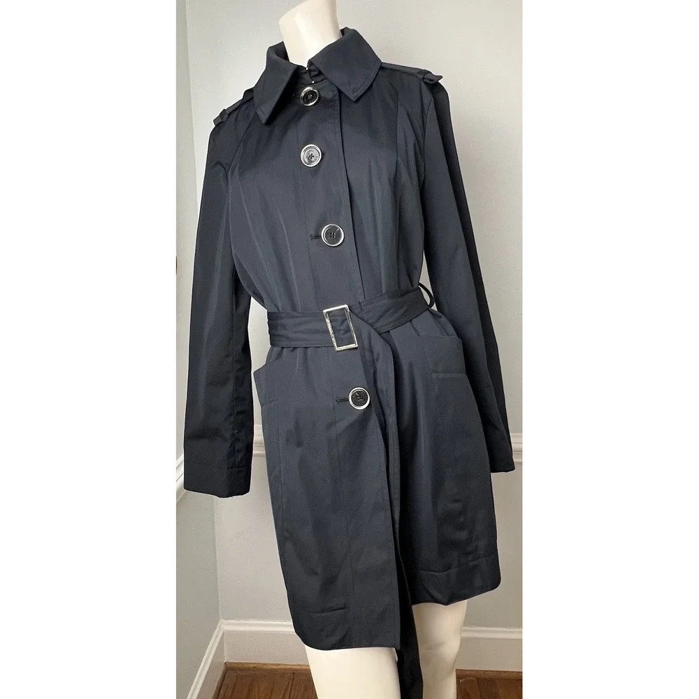 Michael Kors Black Trench Coat, Button Front Buckle Belt Women's Size M
